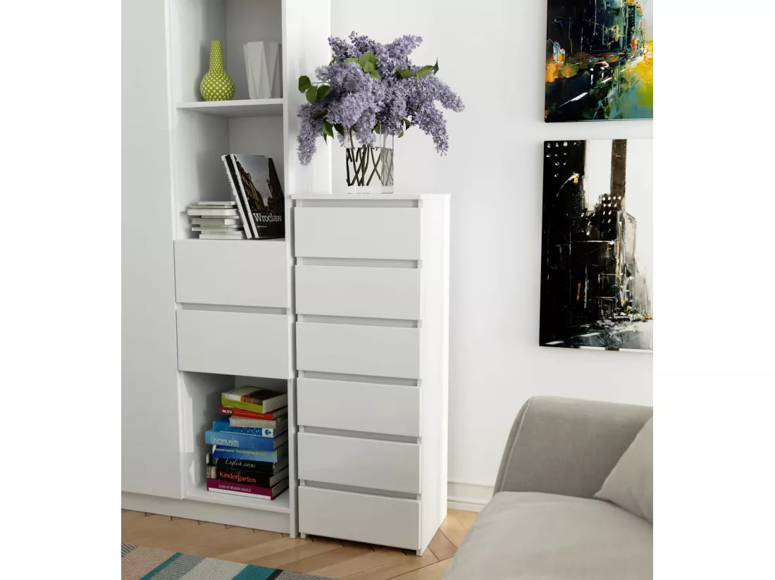Commode AKORD CL6 Blanche 40 cm 6 tiroirs façade Blanche 40x35x109 cm