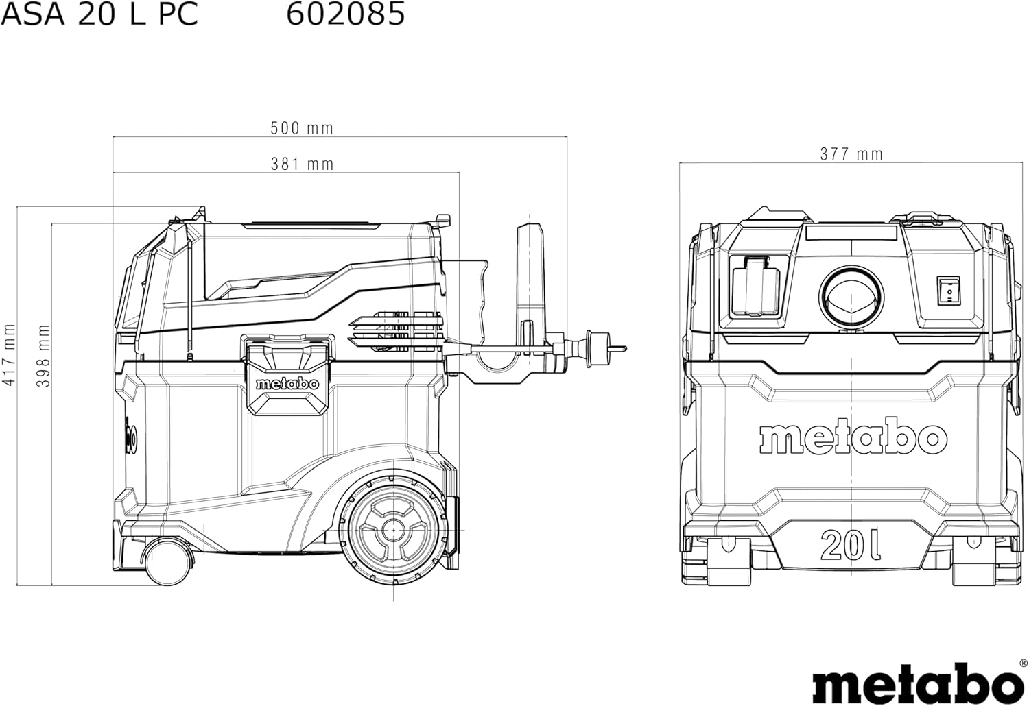 metabo Allessauger ASA 20 L PC -1200 W, 20 l Behälter, Staubklasse L - Nass-/Trockensauger mit integrierte Filterabreinigung, Gerätesteckdose, Antistatik, Mobil - 5,5 m Kabellänge