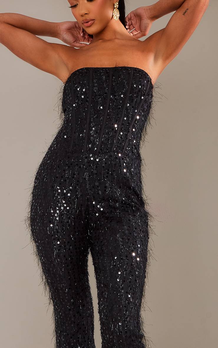 Noir Combinaison Bustier Bandeau À Corset Et Sequins Texturés