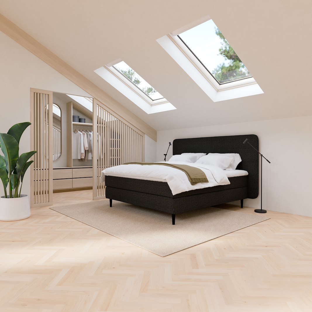 Onyx kontinentalseng 210x210 cm Tekstil 271 antrasitt,fast/fast, seamless, Sleep I overmadrass og Conic 18 cm sorte ben + støtteben