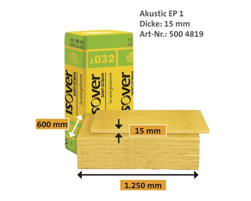 ISOVER Acoustic EP1 dekvloerisolatieplaat, contactgeluidsisolatie voor zwevende dekvloeren, thermische geleidbaarheid 0,032 W/(m·K), 1250 mm x 600 mm x 15 mm
