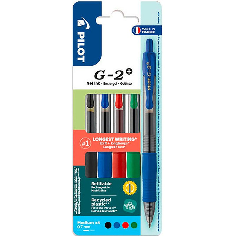 Stylo roller Pilot G2+ rétractable pointe 0,7 mm écriture moyenne - Pochette de 4