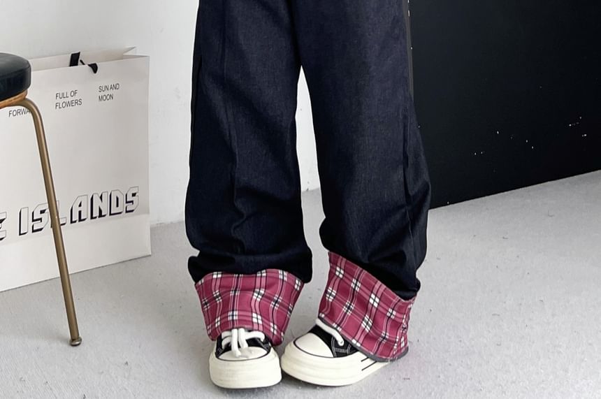Kenning - Lage taille geruite broek met wijde pijpen