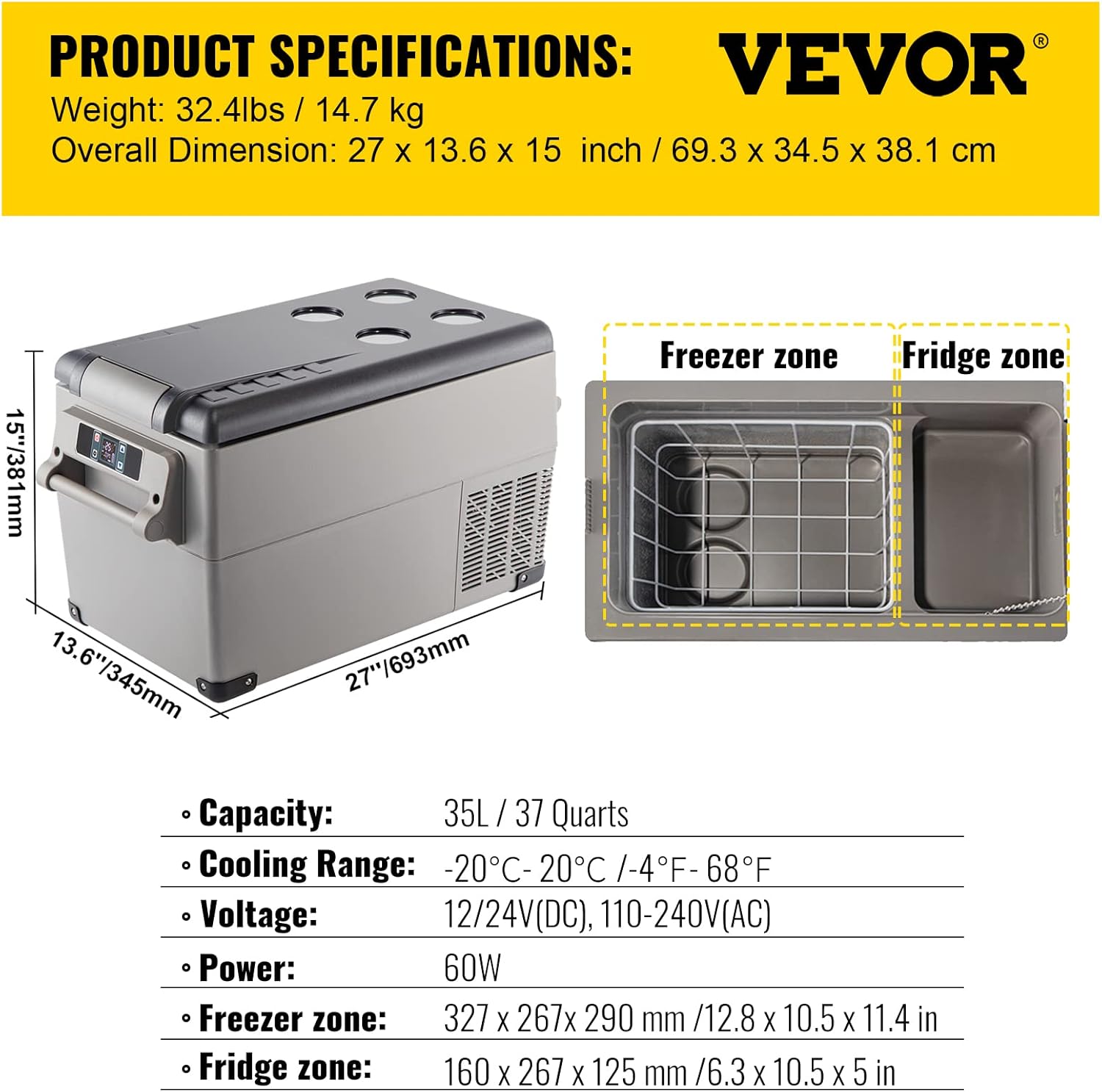 VEVOR 35L Autokühlschrank Kompressorkühlbox Edelstahl Urlaub Isolierbox Mini Kühlschrank Kühlbox Auto und Steckdose