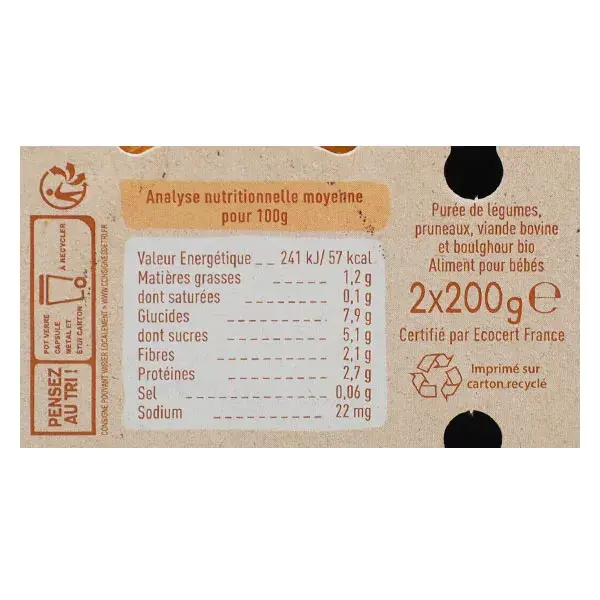 Pote de almoço Babybio orgânico de cenoura, ameixa e carne +8 meses 2 x 200g