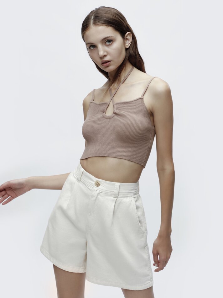 Shorts jeans com pregas - Branco-sujo