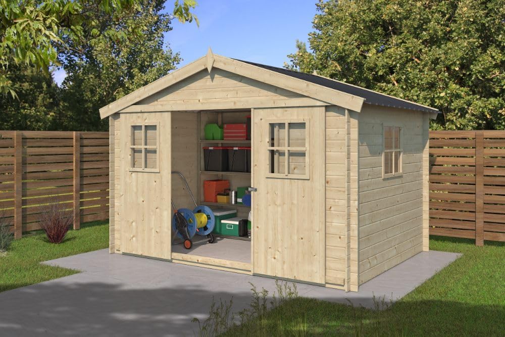 Gartenhaus EVERE aus Fichten-Holz, Gerätehaus mit 19 mm Wandstärke, Garten Holzhaus inklusive Montagematerial, Metalldach, Geräteschuppen 330 x 270cm mit Satteldach