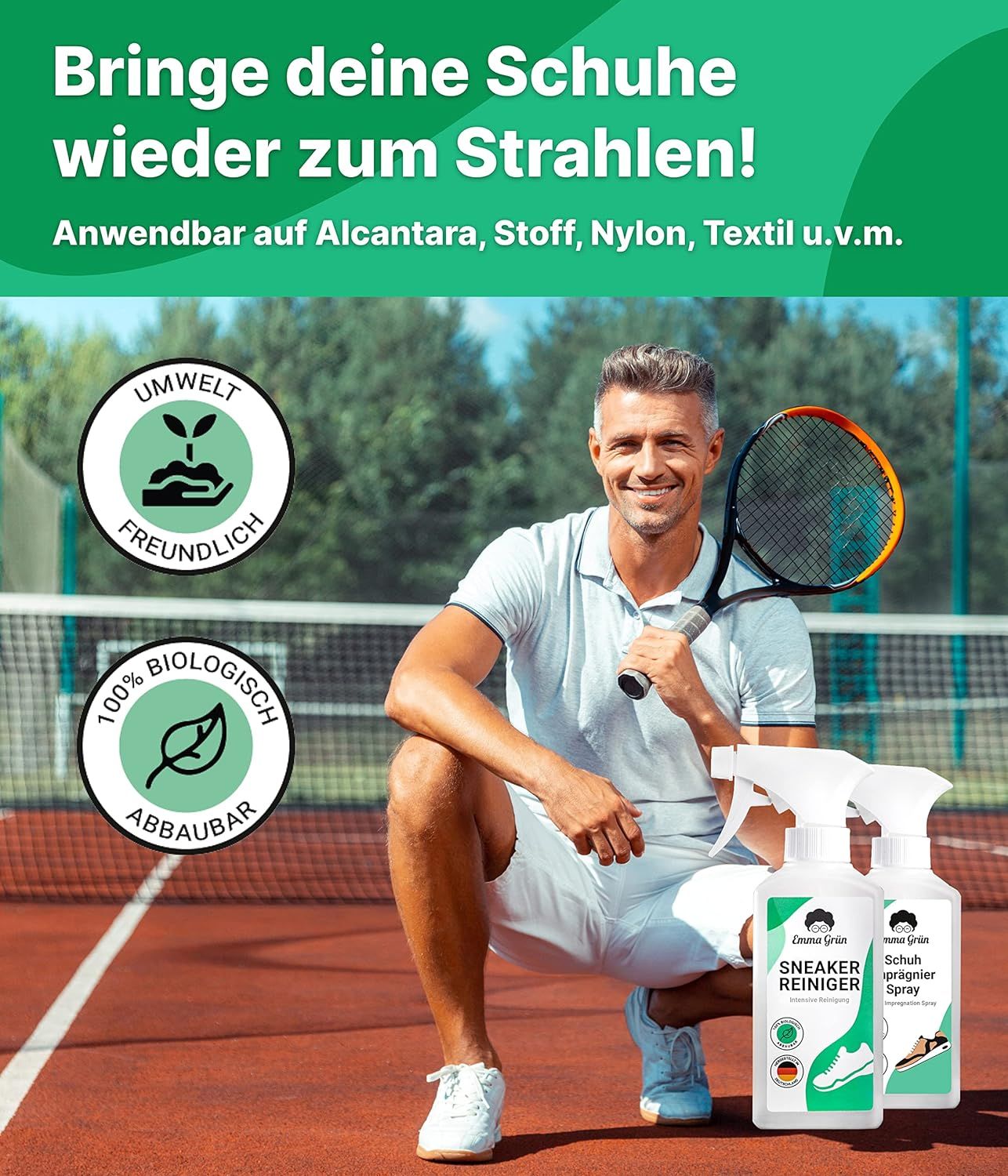 Emma Grün® Schuh-Reinigungsset mit Sneaker Reiniger & Imprägnierspray inkl. Schuhbürste