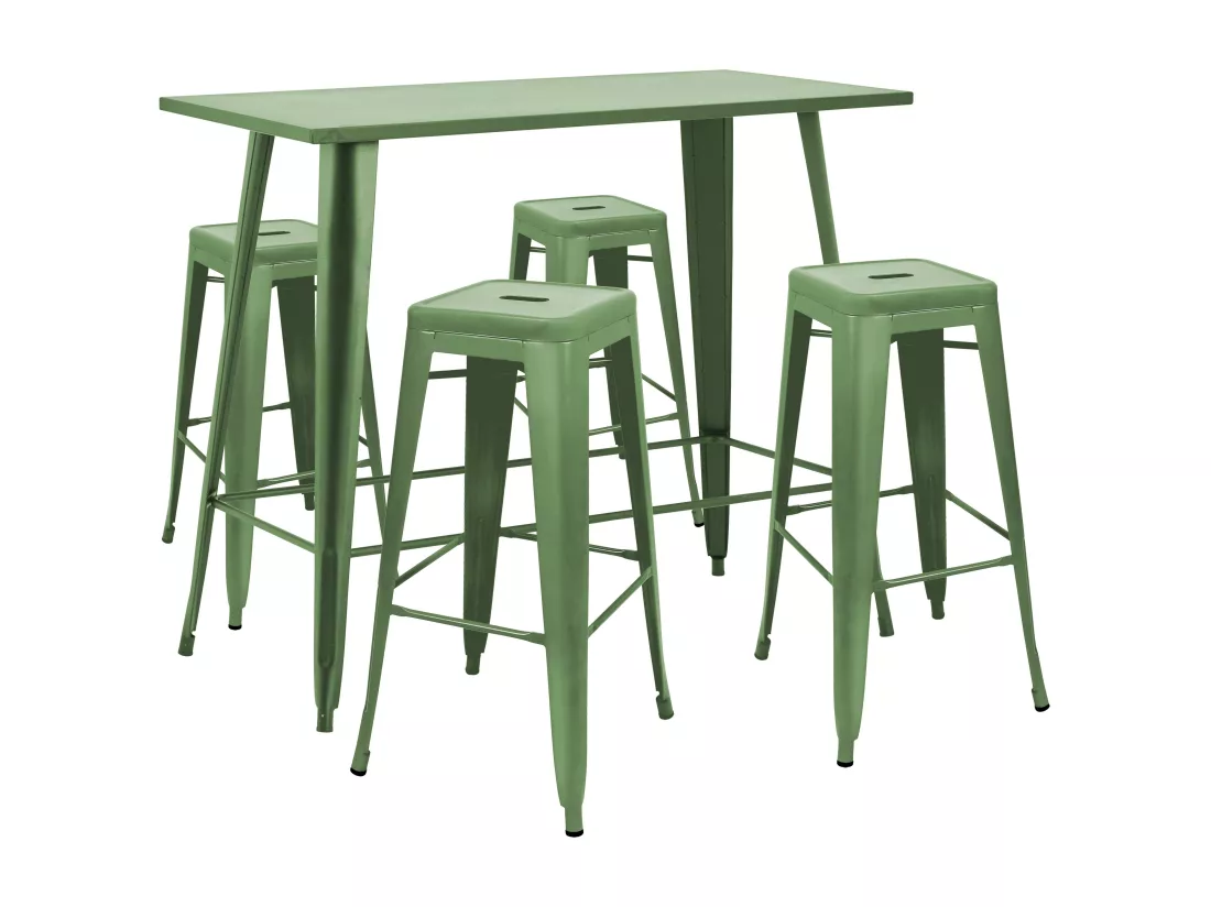 Table haute de jardin et 4 tabourets en métal vert cactus