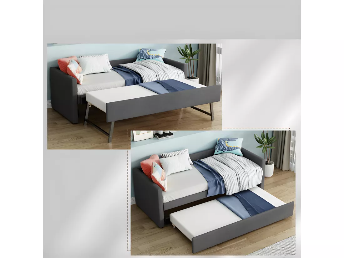 Lit gigogne multifonctionnel avec un lit pilant - 90x200 cm - tissu en lin - Gris