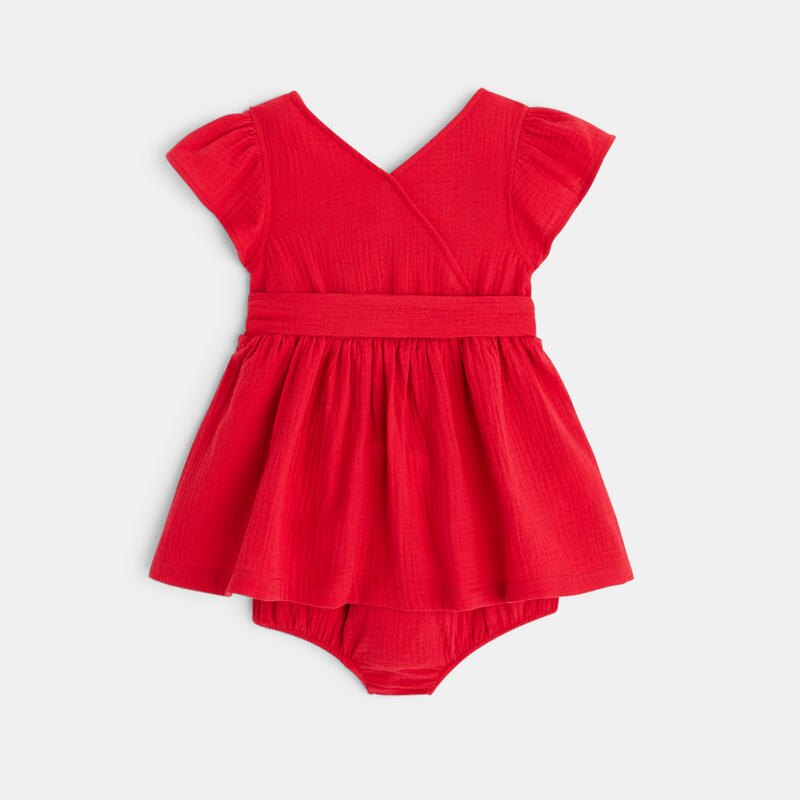 Robe cache cœur gaze de coton et bloomer rouge bébé fille Rouge