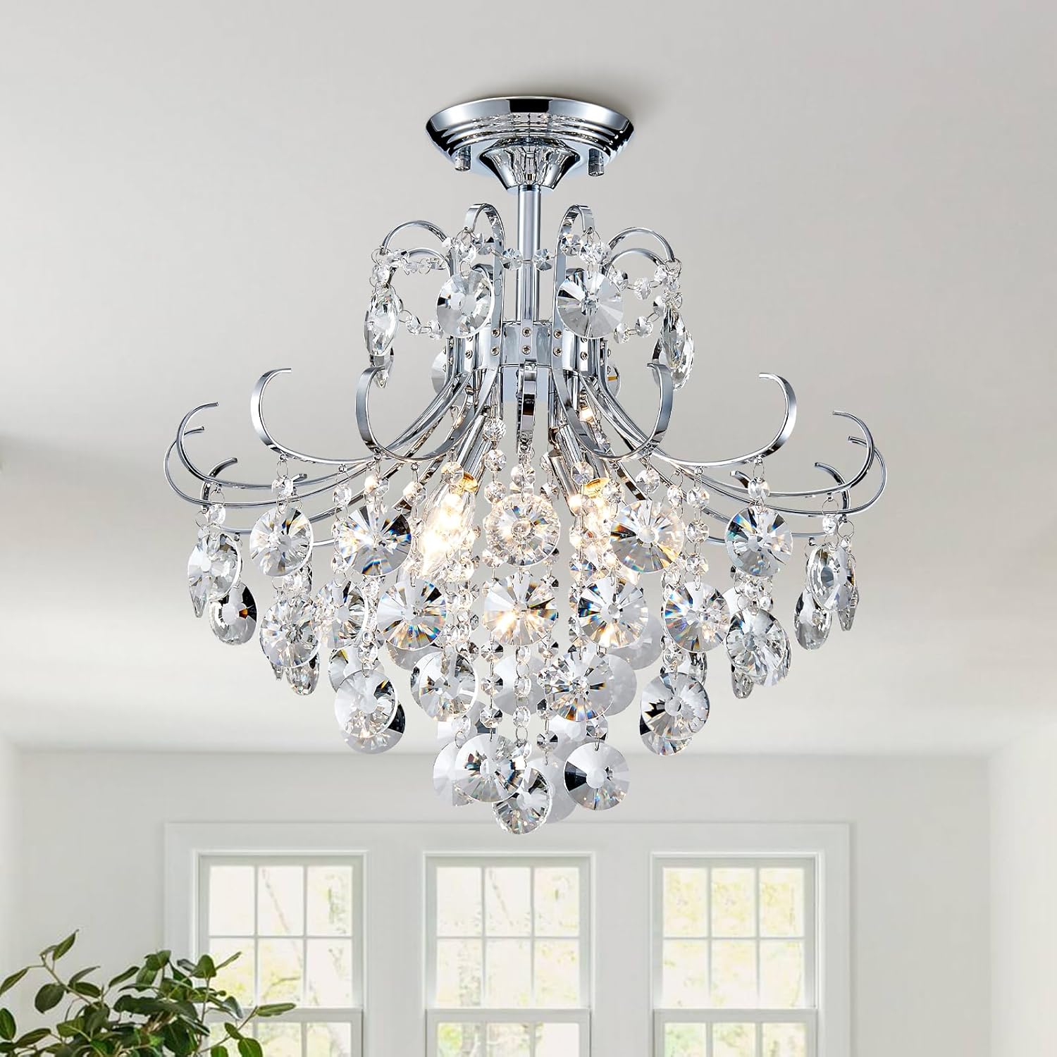 4-Licht Kristall Kronleuchter, Moderne Kristall Deckenleuchte Ø460mm, Silberchrom Kronleuchter E14, Ideal Für Esszimmer, Flur, Schlafzimmer und Foyer in Chromenfarbe