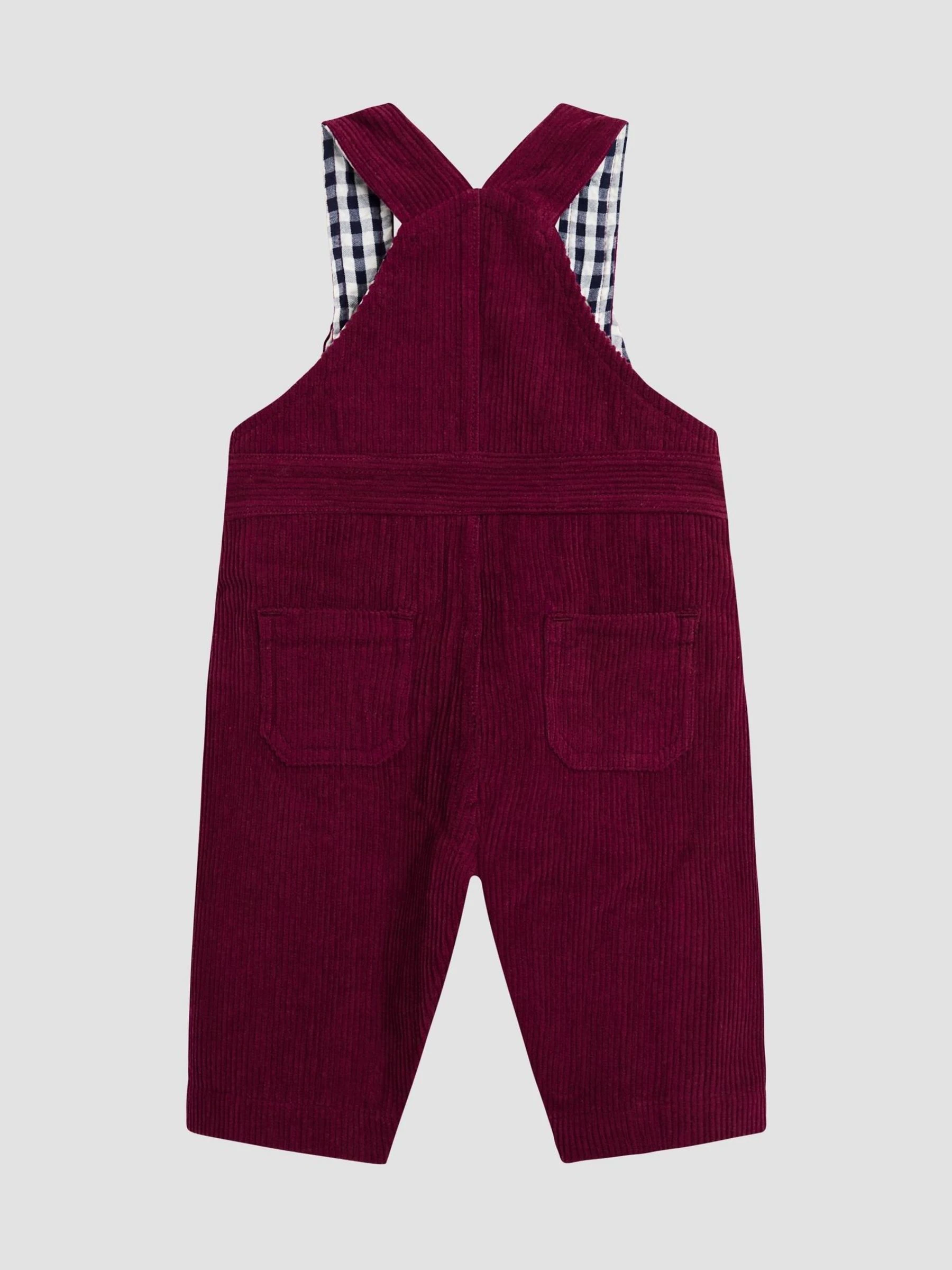 Bordeauxrood - JoJo Maman Bébé 2-delige set van klassieke corduroy bretelbroek en gestreepte top