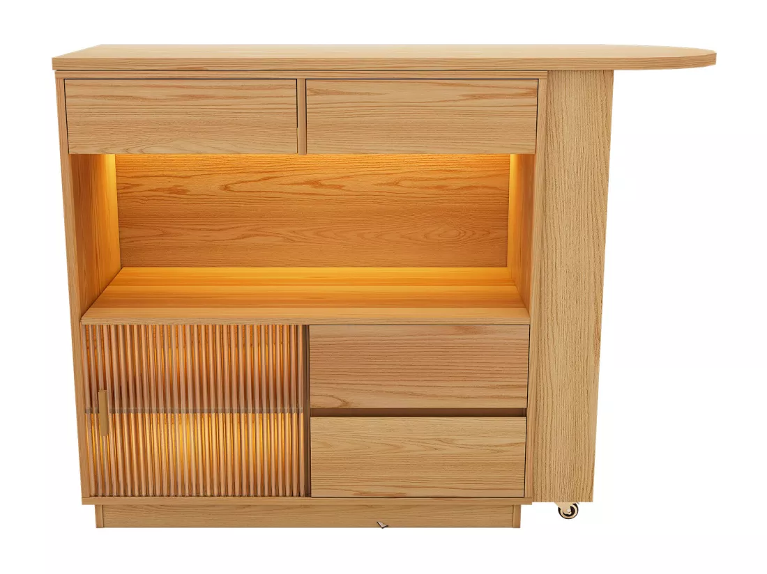Meuble de bar extensible, Bureau d'angle - 4 tiroirs, 1 porte et étagères - Bois MDF - Naturel