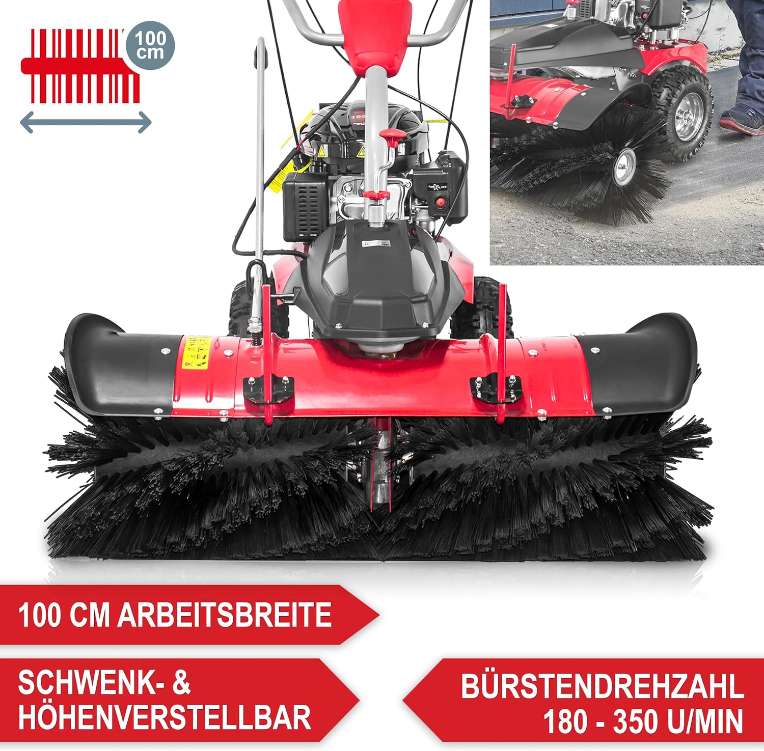 Kehrmaschine Benzin – TÜV Rheinland geprüft – GS-Zertifikat – 100 cm Kehrbürste – 196 cm3 Motor – inkl. Auffangbox Schneeschild – Maschine für große außen Flächen zum Schmutz & Schneeräumen