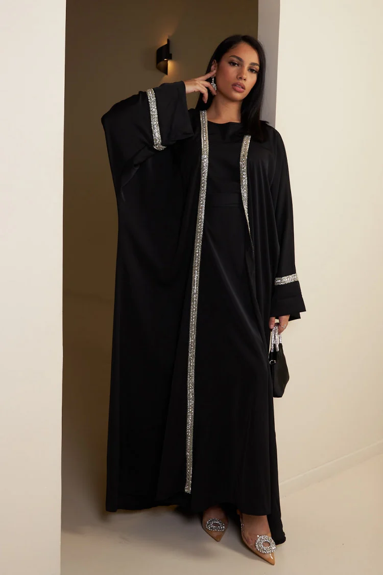 Ensemble 3 pièces abaya + gilet + voile à perles noir