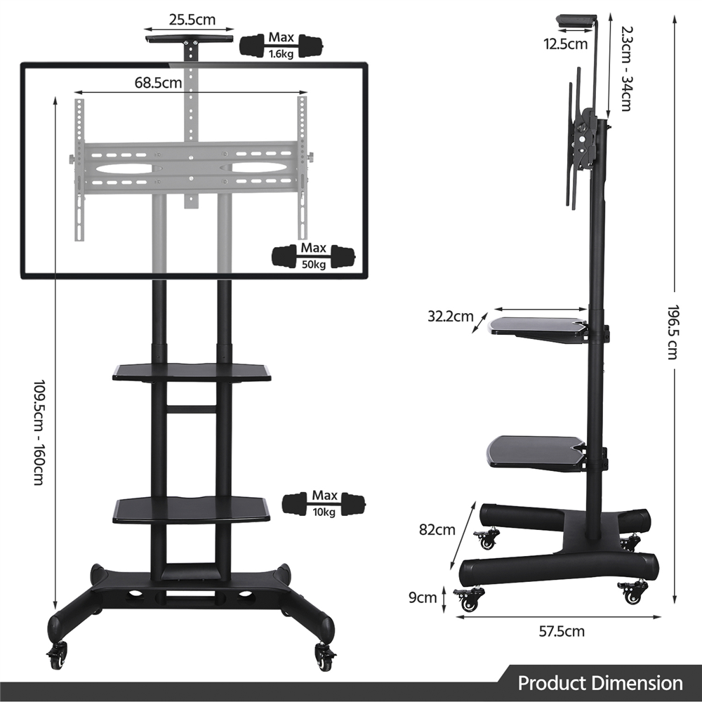Yaheetech TV Standfuß TV Ständer mit Rollen Universal Mobil Wagen Fernsehständer schwenkbar Standfuß höhenverstellbar für 32-65 Zoll mit integriertem Kabel Führungssystem,Tragkraft bis max. 50 kg