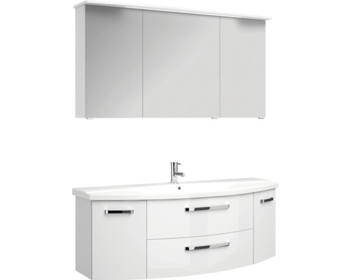 3-delige badkamermeubelset Pelipal xpressline 4010 BxHxD 144 x 200 x 49,5 cm, fronten hoogglans wit, met witte keramische wastafel en keramische spoelbak, badmeubel, spiegelkast met LED-verlichting, chromen grepen, 4010.1400209 40101400209
