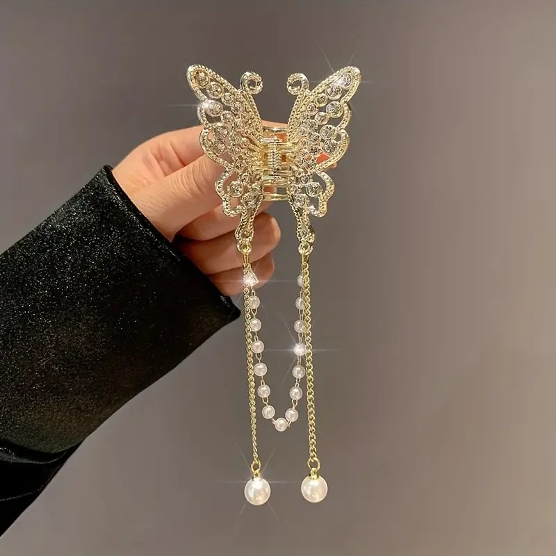 (5cm) Haarspange Klammer Strass Krallen Clip Haar Accessoire Schmetterling mit Perlen Anhänger - Gold / Weiss