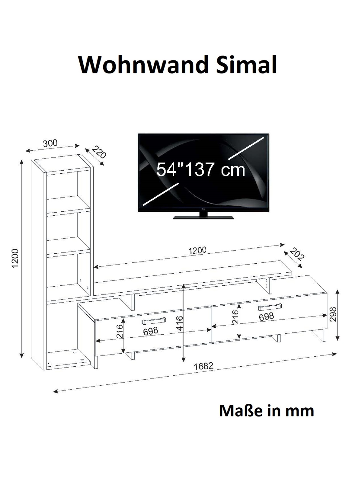 Wohnwand - weiß-cordoba - mit Regalelement - 168 cm breit