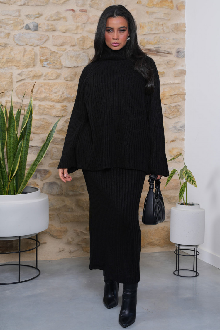 Ensemble 2 pièces pull + jupe en maille noir