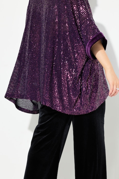 Pailletten-Shirt, Oversized, Samt-Rollkragen, Halbarm