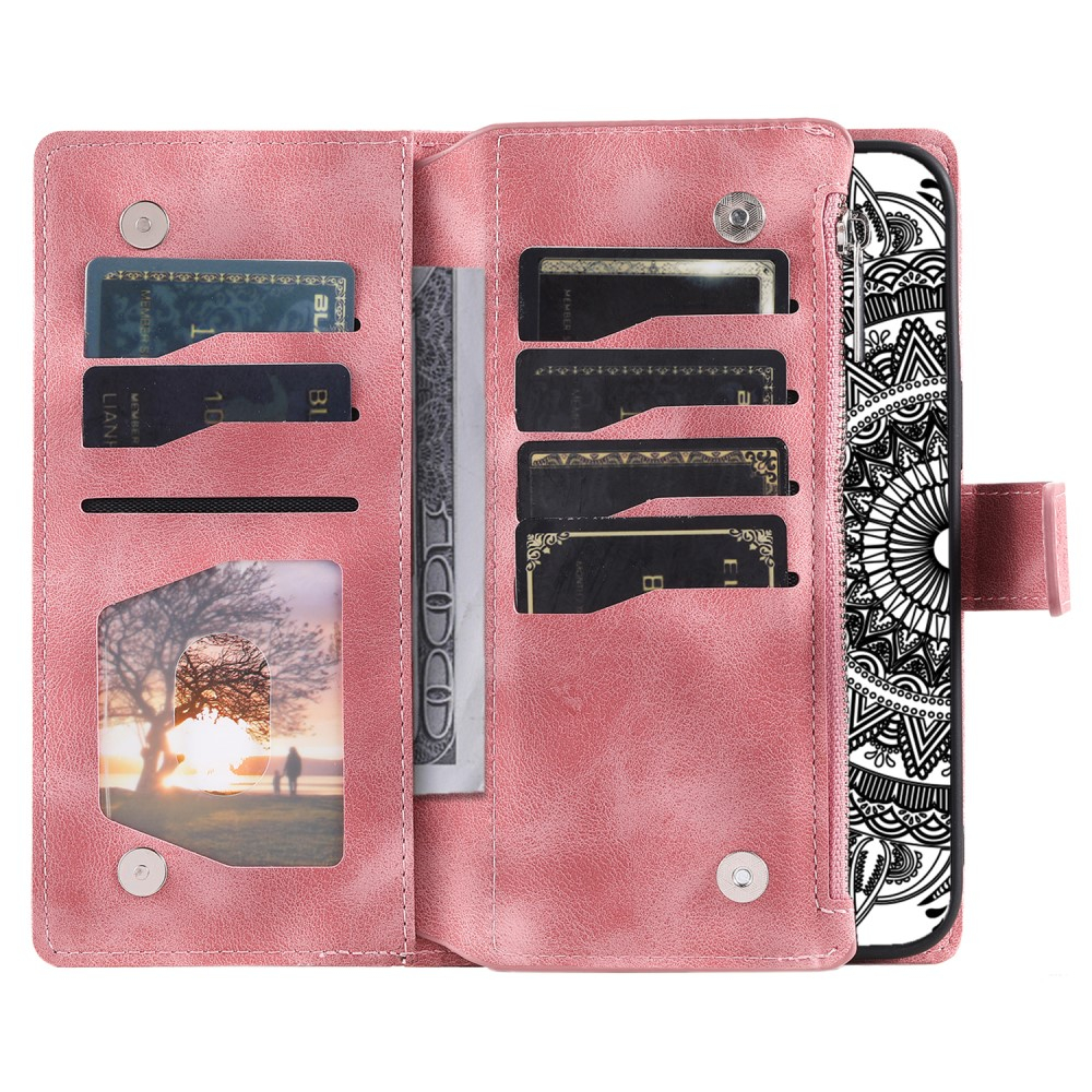 iPhone 15 Leder Tasche Flip Cover mit Reissverschluss - Mandala Flowers Imprint - Rosa