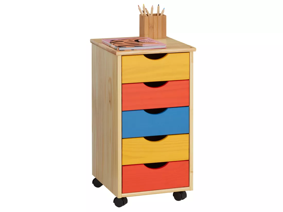 Caisson de bureau LAGOS meuble de rangement sur roulettes avec 5 tiroirs, en pin massif lasuré multicolore jaune rose et bleu