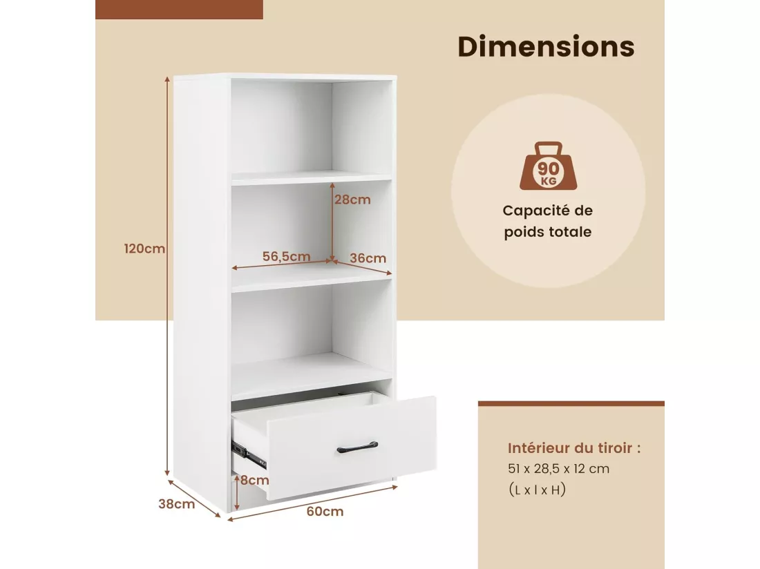 Bibliothèque étagère en bois à 4 niveaux avec grand tiroir, meuble sur pied (blanc)