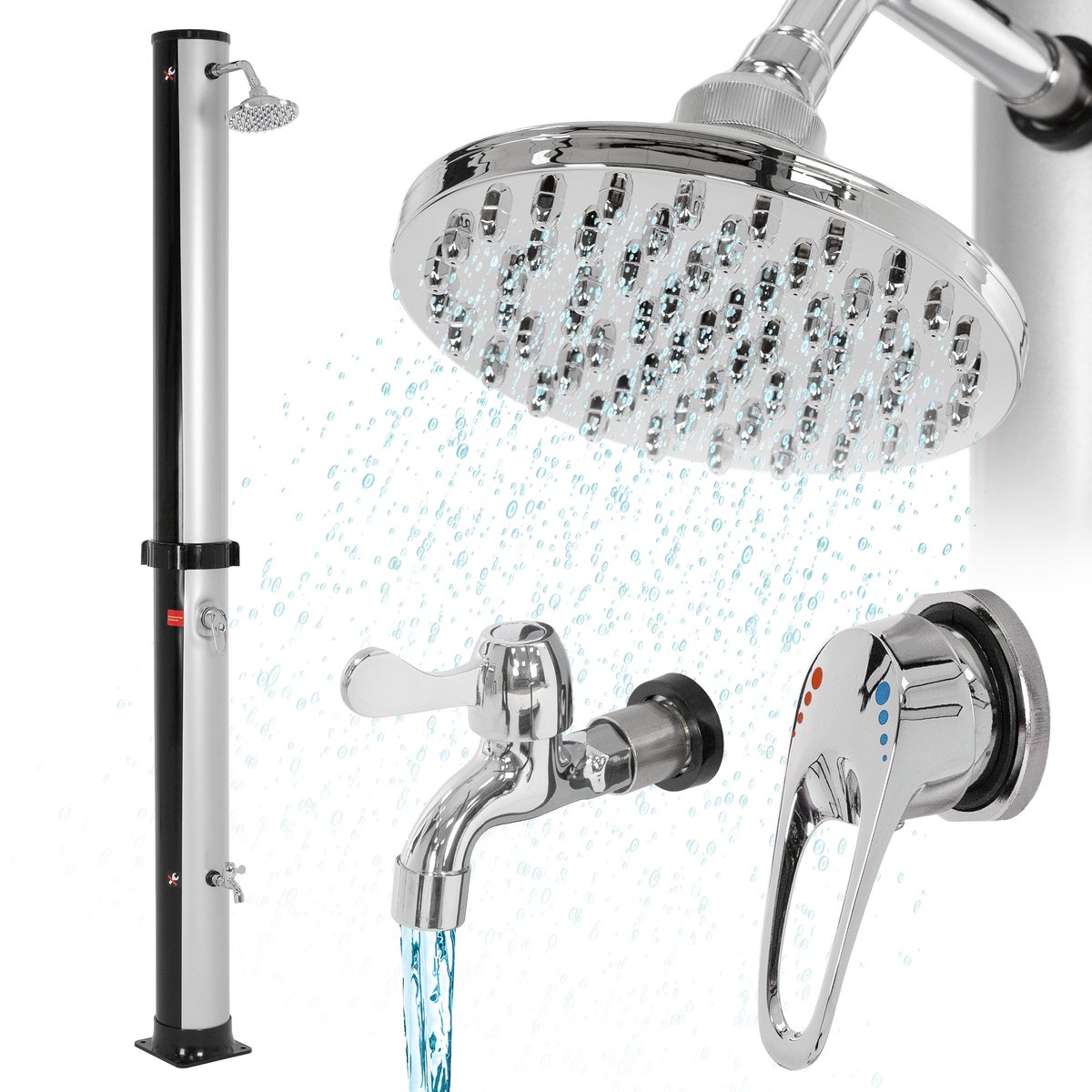 ML-Design Solar Douche 35L 217,5cm Rond met Voetdouche en Regendouchekop Zilver-Zwart, Warm Water, 60°C, Geen Stroomaansluiting Nodig, met Tuinslangaansluiting, Solar Tuindouche Buitendouche Zwembaddouche