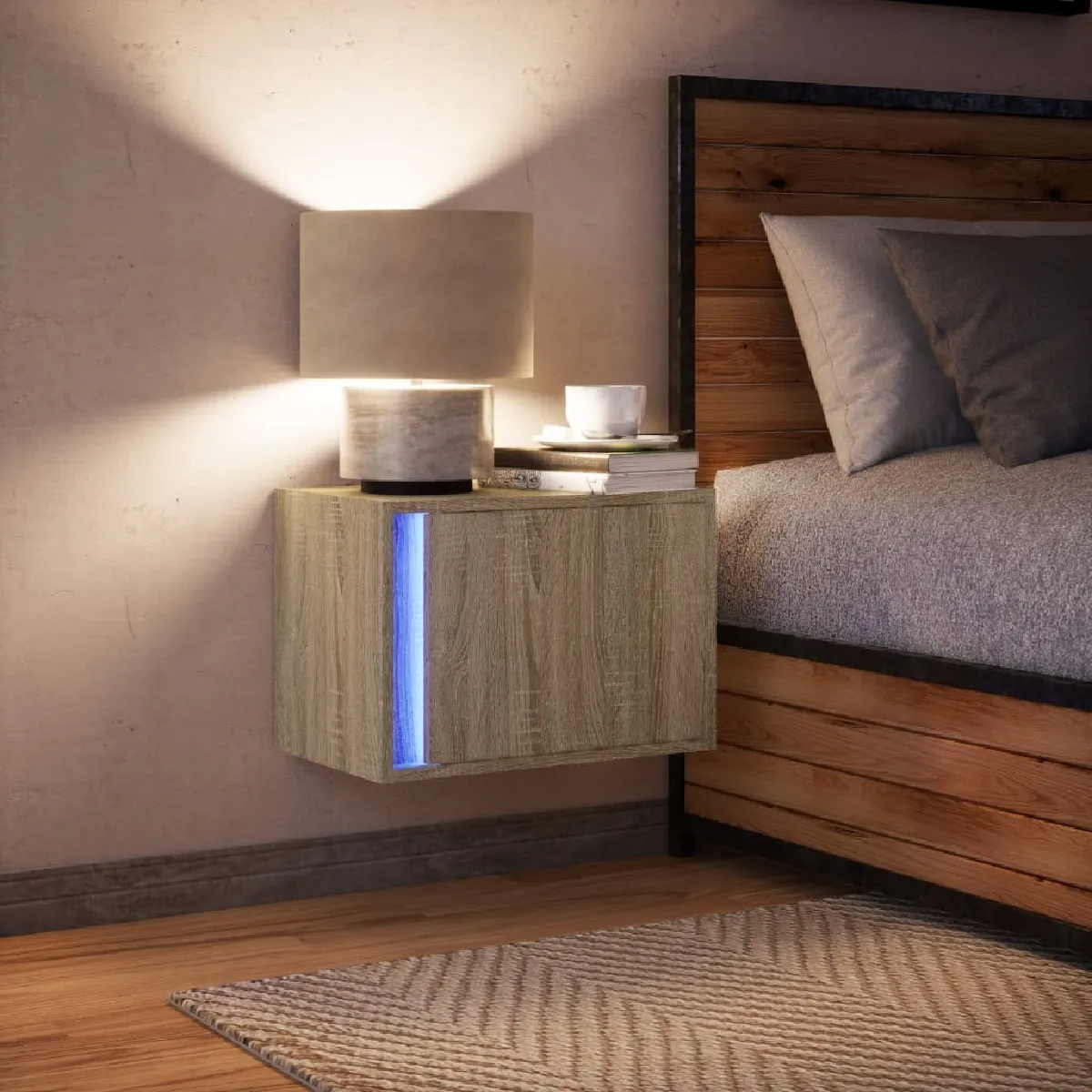 vidaXL Table de chevet LED murale - Chêne sonoma