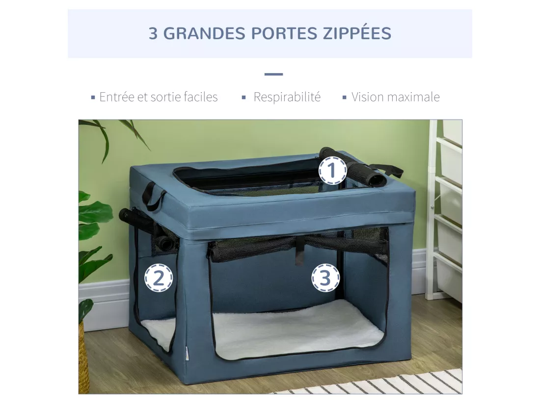 Sac de transport pliable pour chien chat - 2 poignées, 3 portes - dim. 69L x 51l x 51H cm - acier polyester bleu