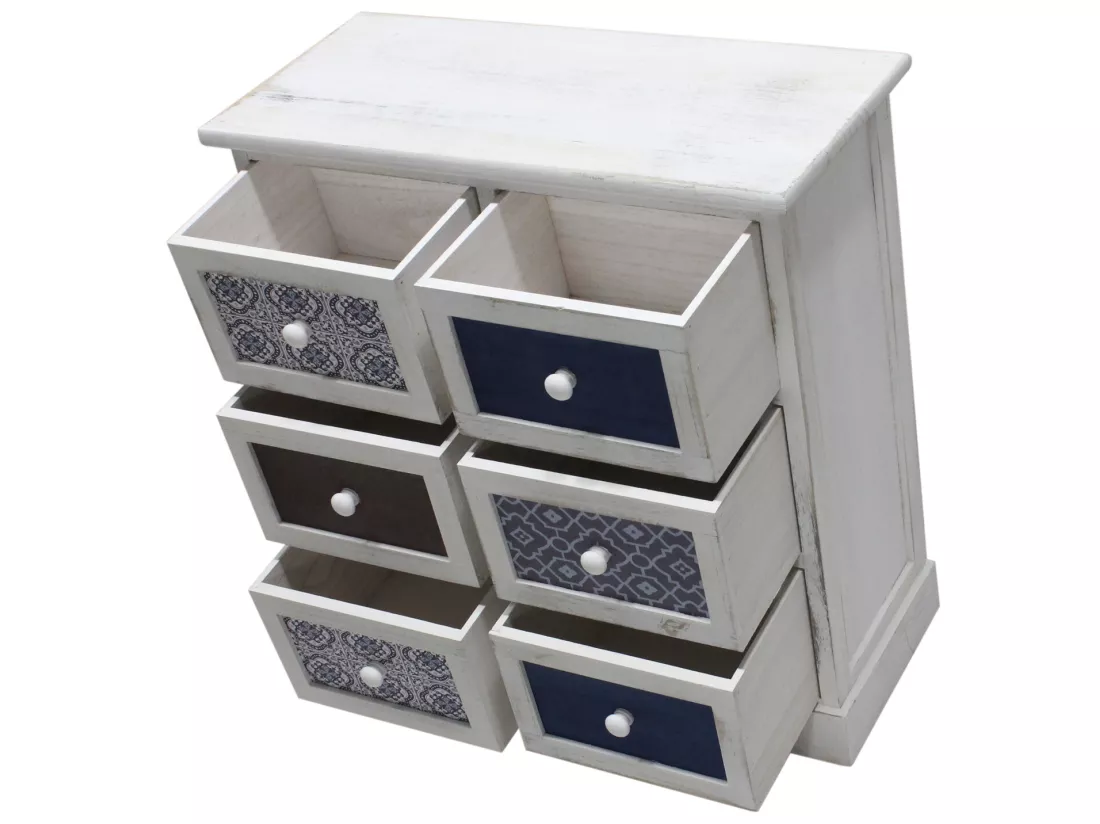 Armoire Meuble Rangement Blanc Gris Bleu Clair 6 Tiroirs 59,5x55x25