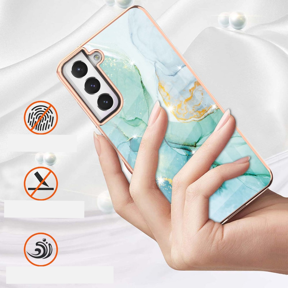 Samsung Galaxy S21 FE 5G Gummi Case Hülle Galvanisierter Rahmen Marble Marmor Design - Türkis / Roségold