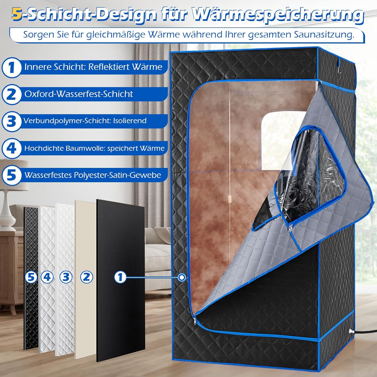 COSTWAY 3L Dampfsauna 1200W, Saunazelt mit 15-stufige Temperaturregelung, Fernbedienung, Timer, klappbarer Stuhl & Matte, Ganzkörpersaunabox tragbar Heimsauna (88 x 88 x 179 cm,Blau)