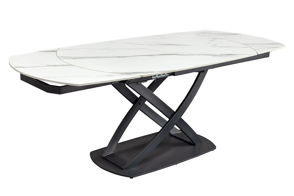 Ausziehbarer Esstisch INCEPTION 130-190cm weiß Marmor Keramik schwarzes Metallgestell