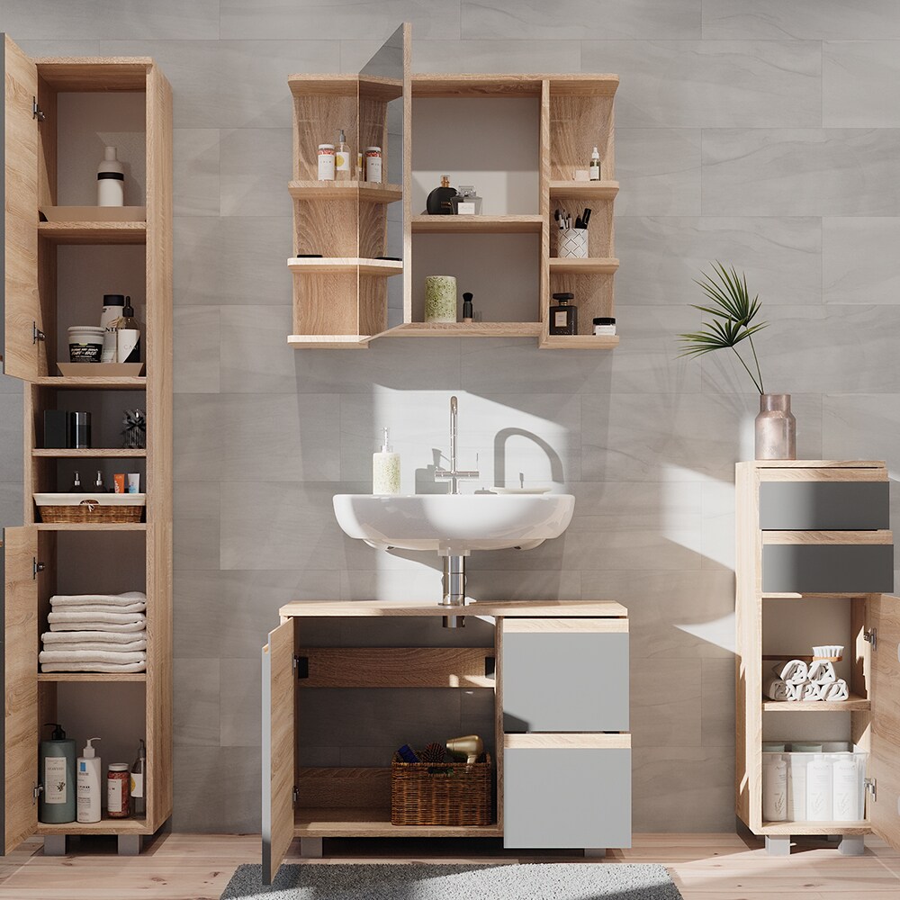 Vicco Badmöbelset J-shape Sonoma Anthrazit modern Badezimmer Schrank Badschrank Waschtischunterschrank Spiegelschrank Midischrank Hochschrank Schranktür Schrankschublade Schrankfach Ablage Aufbewahrung