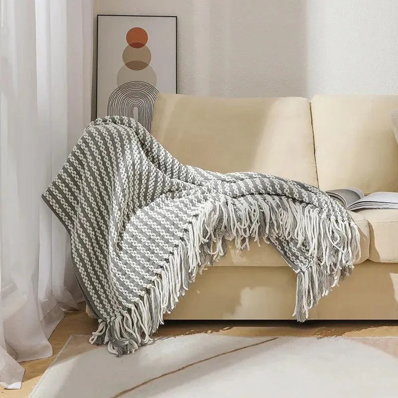 Fluffy Chenille Throw Blanket with Tassels | Fringe Knitted Blankets for couch decor