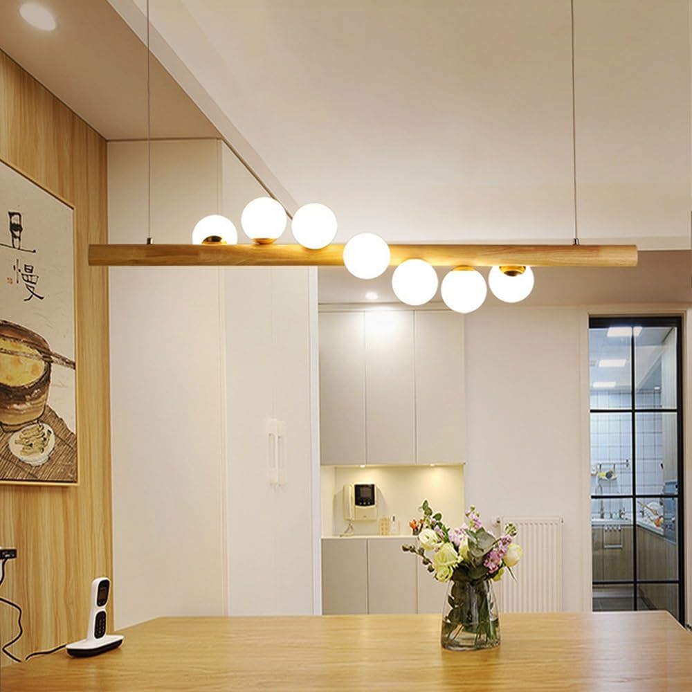 Vintage Holz Pendelleuchte Esstisch 7-Lampen Hängeleuchte Glas Lampenschirm Modern Hängelampe Retro Kronleuchter G9 Glühbirne Höhenverstellbare Pendellampe Küche Schlafzimmer Wohnzimmer Beleuchtung