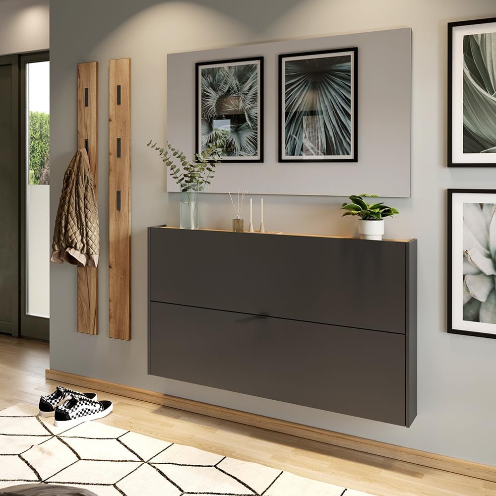 Lomadox Flurschrank Schuhschrank 140cm in grau mit Eiche ideal für schmale Flure