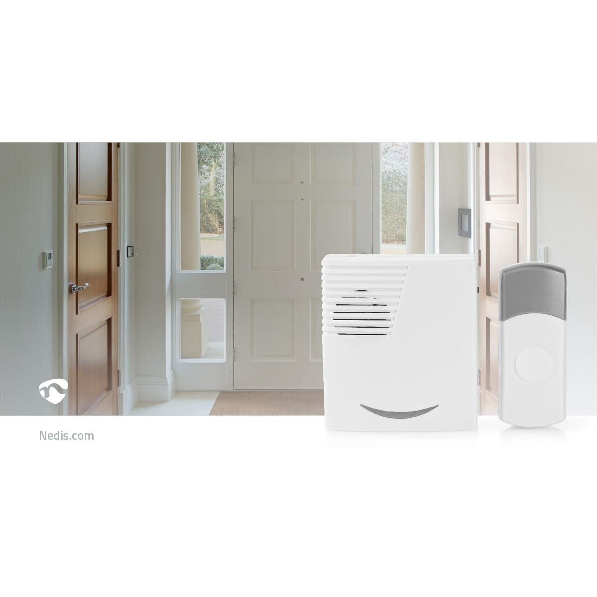 Nedis Trådløs ringeklokke Set | Batteri drevet | 3 V DC | 1x CR2032 | Volum: 80 dB | Signalområde (siktelinje): 300 m | IP44 | 36 Melodier | 1 Mottaker | Grå / Hvit