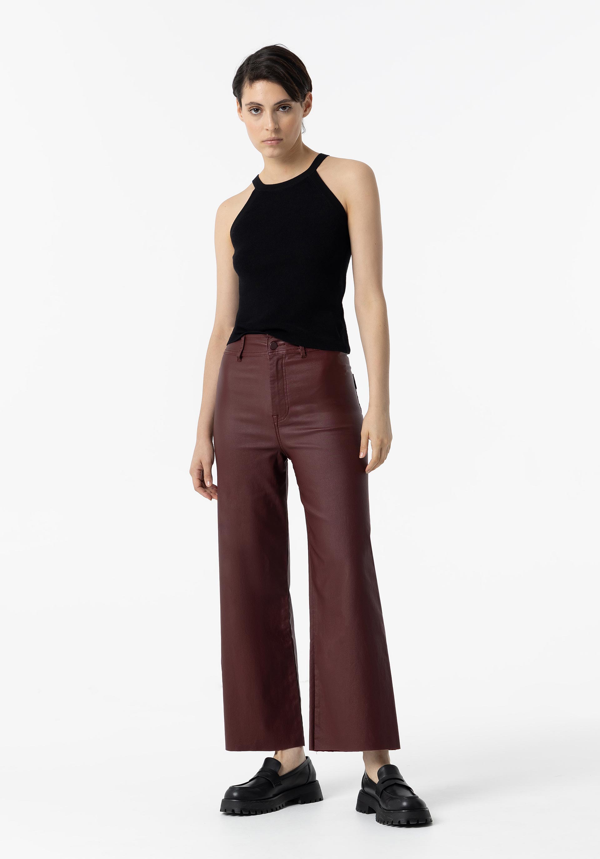 Calças Marina Wide Leg Cropped Cintura Alta Coated