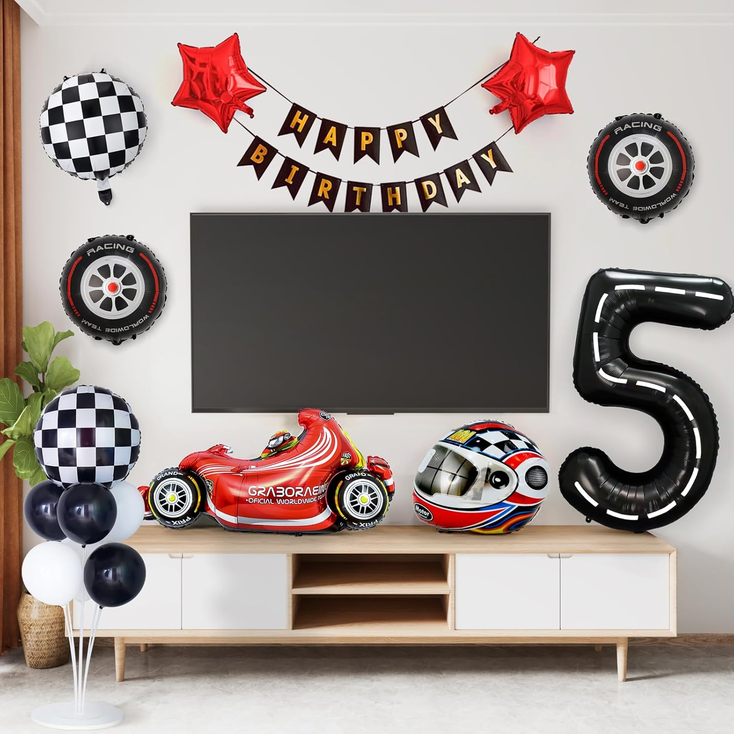 (8-tlg. Set) Zahlen Ballon Kinder Geburtstags Party Folienballon - Zahl 5 / Rennauto
