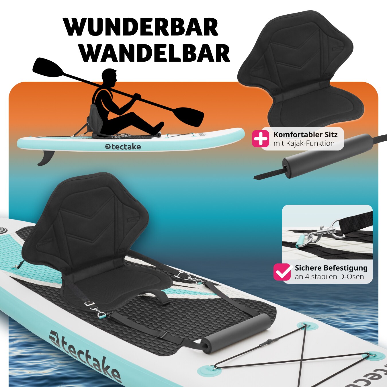 tectake® Stand-Up Paddle Board, 2in1, aus Drop-Stitch Material, Belastbarkeit 200 kg, 288 x 77 x 22,5 cm