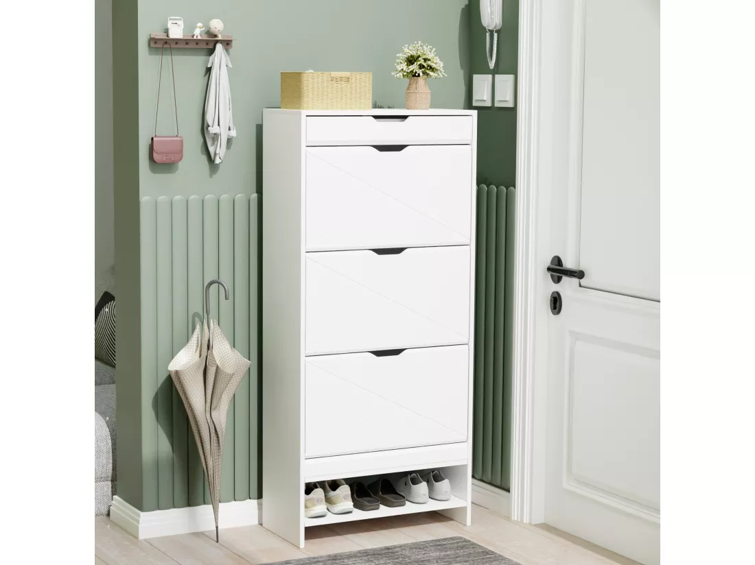 Armoire à chaussures blanche à 3 tiroirs avec étagère extensible, 2 niveaux, en bois MDF, idéale pour organiser 18 à 24 paires de chaussures