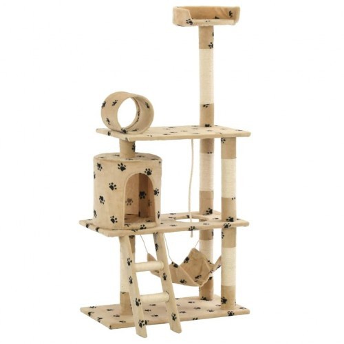 Arranhador bege para gatos com estampa de sisal e pegadas.