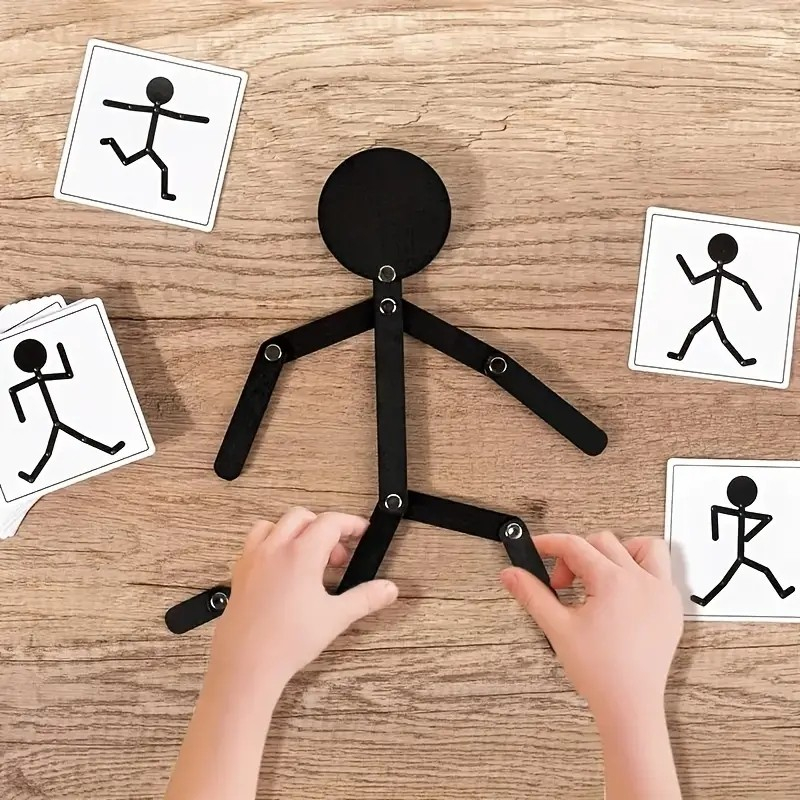 (25-tlg. Set) Kinder Holz Strichmännchen Puzzle Spiel Stickman Lern Spielzeug inkl. Aktionskarten