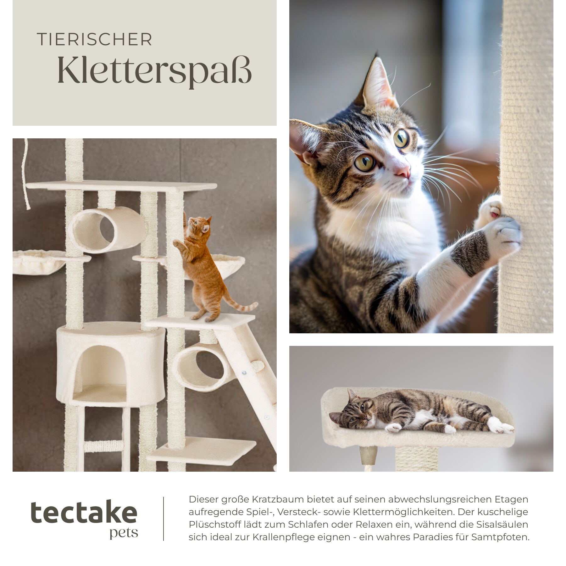 tectake® Kratzbaum, 234 bis 261 cm, mit Katzenhaus, inklusive 2 Treppen, 2 Spielkordeln, Kratzbogen, Deckenspanner und Kippschutz
