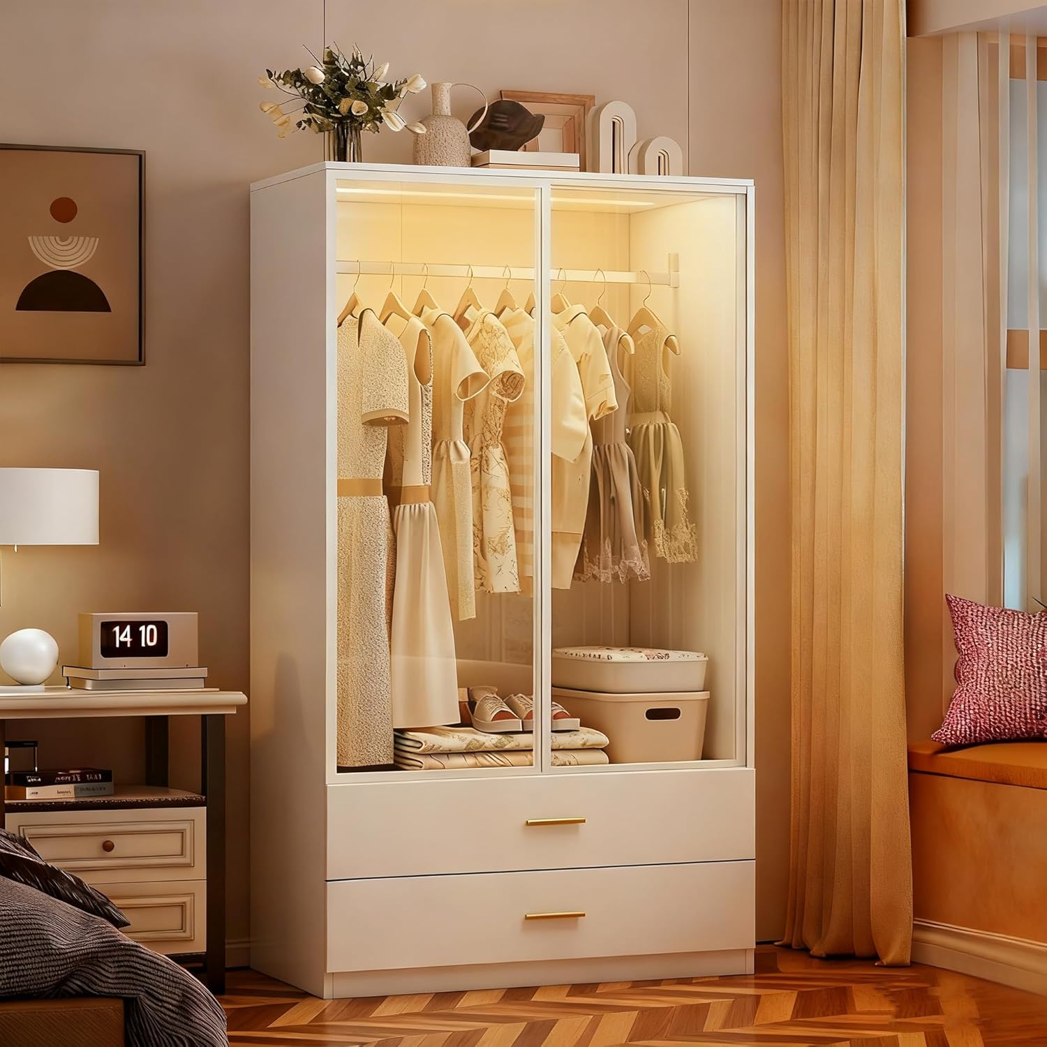 Kleiderschrank mit LED-Beleuchtung,Vielseitiger Drehtürenschrank mit 2 Türen aus gehärtetem Glas,Glasschrank mit Kleiderstange,Wardrobe closet mit 2 Schubladen,Schrank Mehrzweckschrank (Weiß-1)