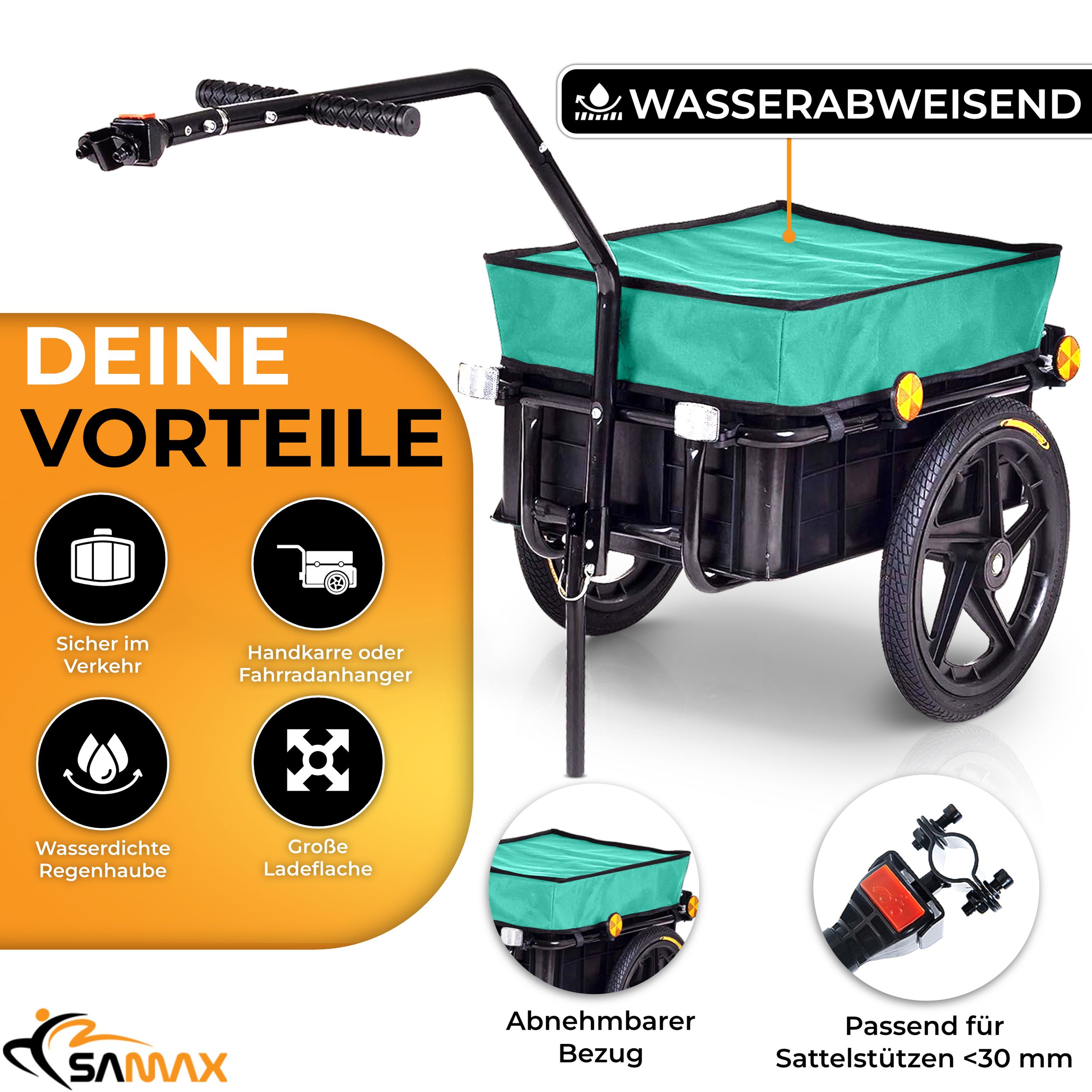 SAMAX Lastenanhänger / Fahrradanhänger für 60 Kg / 70 Liter in Grün